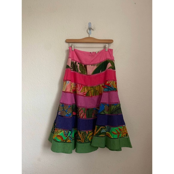 FARM Rio Patchwork Rainbow Mixed Tiered Midi Skirt Tropical Print size S NWT - Picture 2 of 10